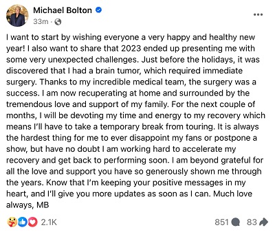 Michael Bolton announces brain tumor diagnosis: underwent ‘immediate ...